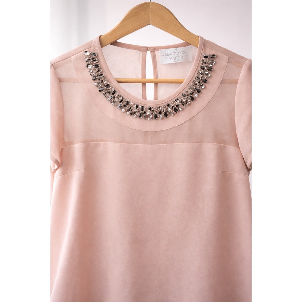 Madison Marcus Silk Embellished Neck Blouse Sheer Yoke Minimalist Elegant Top